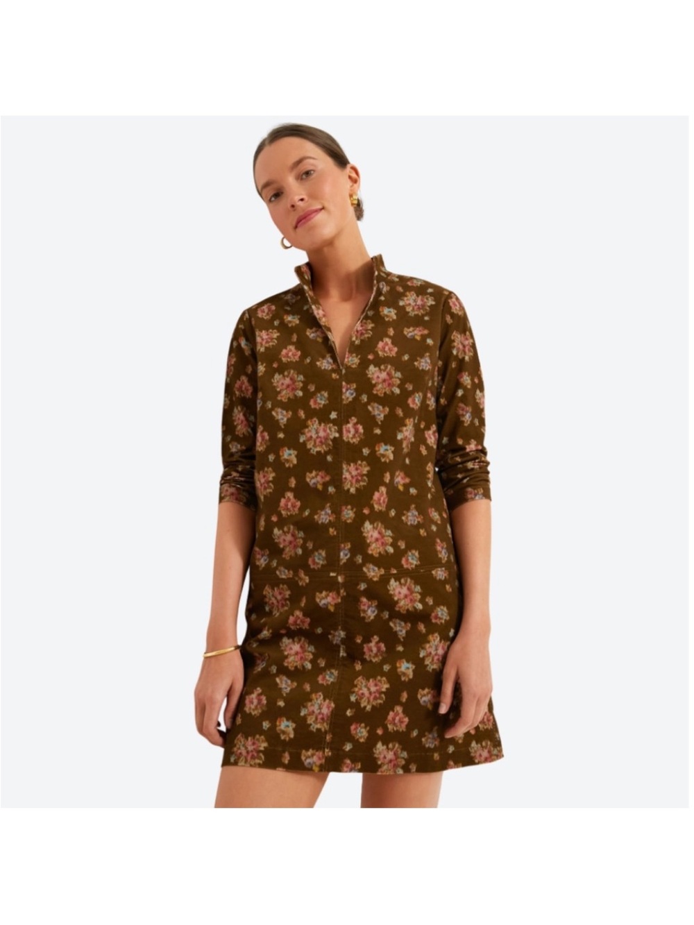 Tuckernuck Olive Floral Mini Shirt Dress with Pink Accents